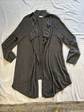 Joan Vass Studio Woman Charcoal Gray Draped Waterfall Cardigan with Ribbed Trim